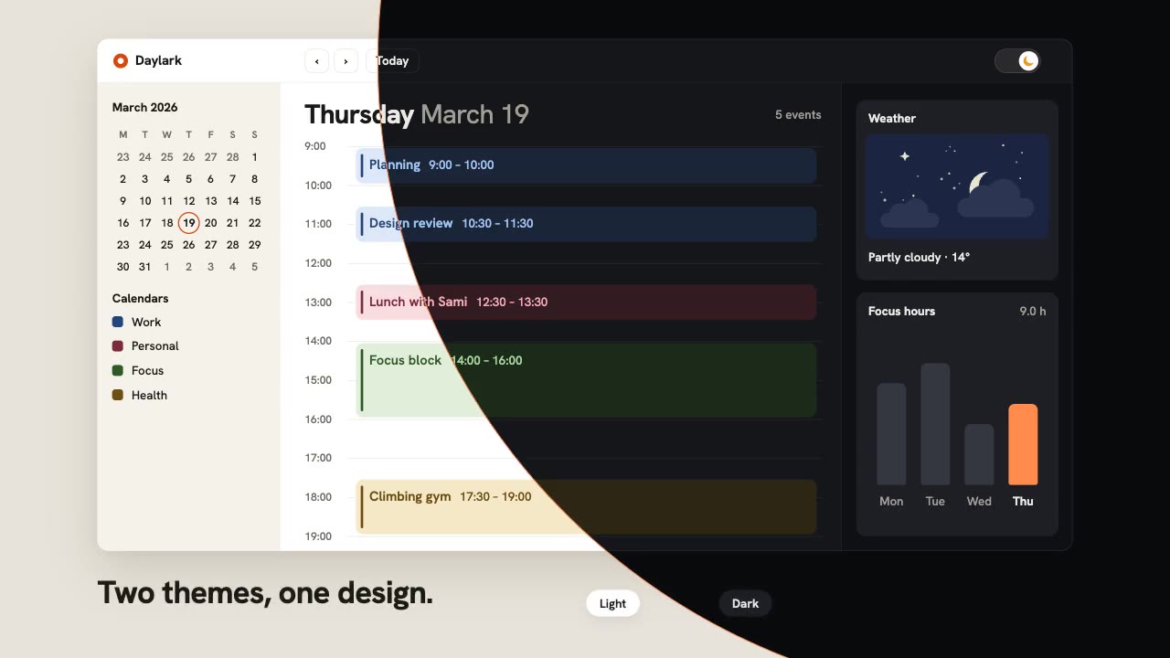 Light to Dark Theme Switch: product ui animation made with Claude